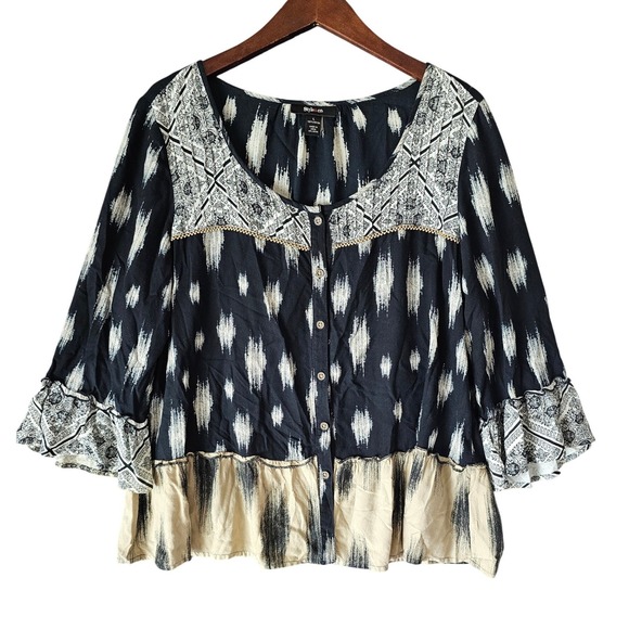 Style & Co. Tops - Style‎ & Co Womens Ikat Print Button Front Boho Blouse 3/4 Sleeve L